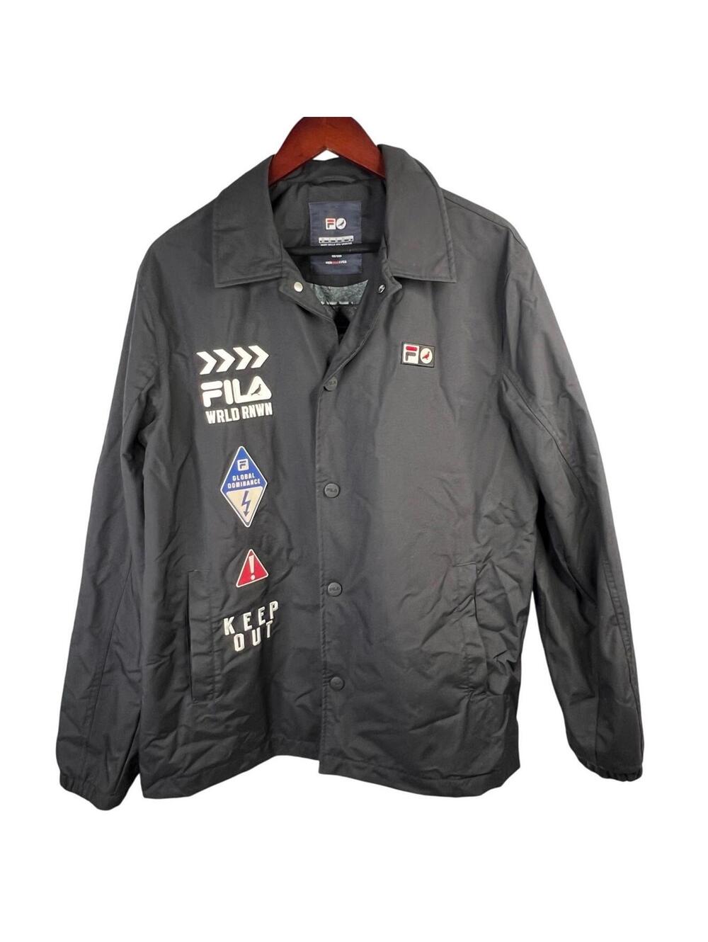FILA Men's Size XL Black Full-button Windbreaker Jacket with Multiple Patches